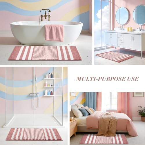 BSICPRO Large Bathroom Rugs Runner, 20x47 Chenille Bath Mats, Dusty Pink