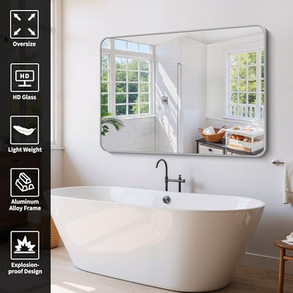 60x40 Inch Silver Bathroom Mirror, Large Rectangle Mirror, Metal Framed Rectangular Vanity Mirror, Rounded Corner Wall Mounted Mirror for Living Room Bedroom Entryway Horizontal or Vertical