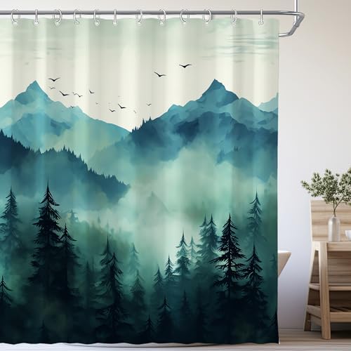 Teal Misty Foggy Forest Shower Curtain for Bathroom 72W*72H Inch Nature Tree Mountain Woodland Bathtub Decor Pine Tree Natural Country Cool Masculine Aesthetic Waterproof Polyester Fabric