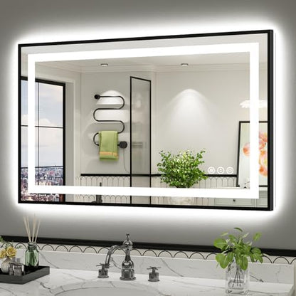48x30 Inch LED Bathroom Mirror with Black Frame, Backlit & Front Lit