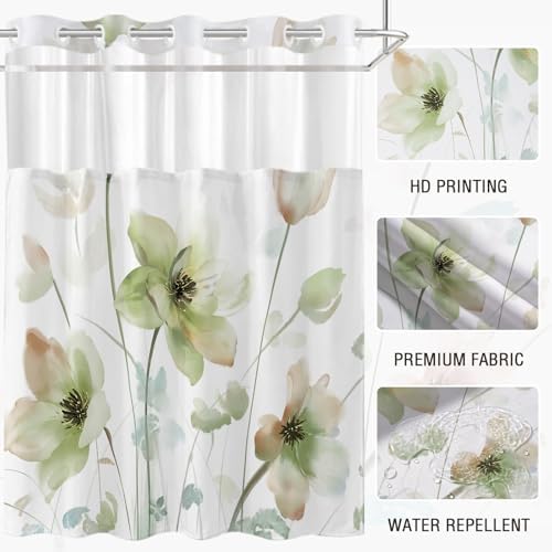 No Hook Shower Curtain and Liner Set, Light Green Floral 71x74