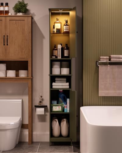 HAIOOU Tall Narrow Bathroom Storage Cabinet with Light for Small Spaces