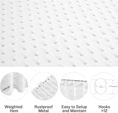 Siiluminisoy Boho Farmhouse White Shower Curtain Woven Fabric Shower Curtain, 72 x 72 Tufted Pleat Floral Puffs Textured Modern Farmhouse Minimalist Shower Curtain Set with Hooks for Bathroom