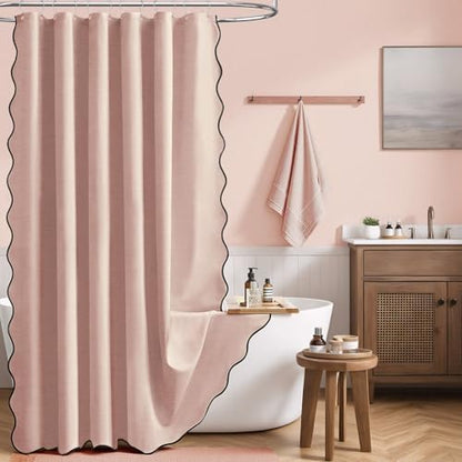 BTTN 54x78 Boho Scalloped Linen Textured Cloth Shower Curtain, Blush Pink