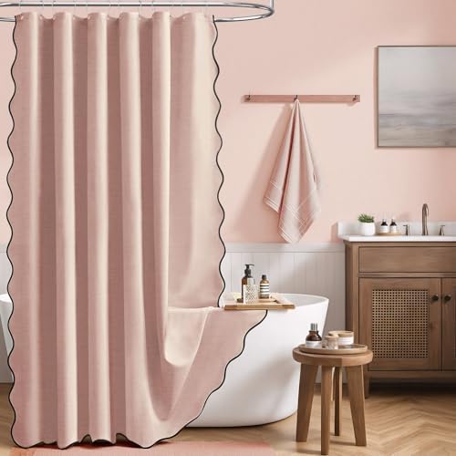 BTTN Extra Long Scalloped Linen Textured Shower Curtain, 72x96, Blush Pink