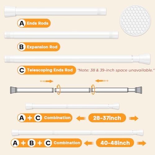2PCS White Tension Rods for Windows 28 to 48 Inch,No Slip Tension Curtain Rod Adjustable Curtain Rods Spring Curtains Rod No Drill Spring Loaded Curtains Rods for Closet, Window, Doorway