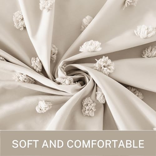 Extra Long Boho Farmhouse Shower Curtain Woven Fabric Natural Shower Curtain, 72 x 78 Tufted Pleat Floral Puffs Textured Modern Farmhouse Minimalist Shower Curtain Set with Hooks for Bathroom
