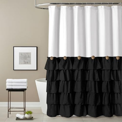 Seasonwood Black and White Farmhouse Shower Curtain 72 x 84 Black Ruffle