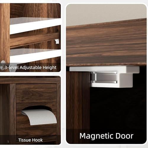 Shintenchi Over the Toilet Storage Cabinet, Bathroom Storage Cabient with Barn Doors, Bathroom Storage Shelf Organizer with Toilet Paper Holder, Adjustable Shelf and Anti-Tip Device, Walnut