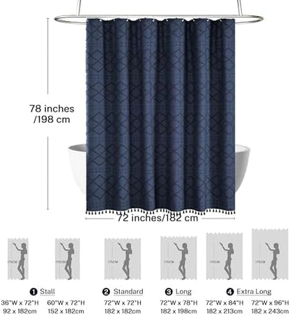 Siiluminisoy Extra Long Boho Farmhouse Shower Curtain, 72 x 78 Tufted Chevron Textured Striped Modern Minimalist Navy Blue Fabric Shower Curtain for Bathroom