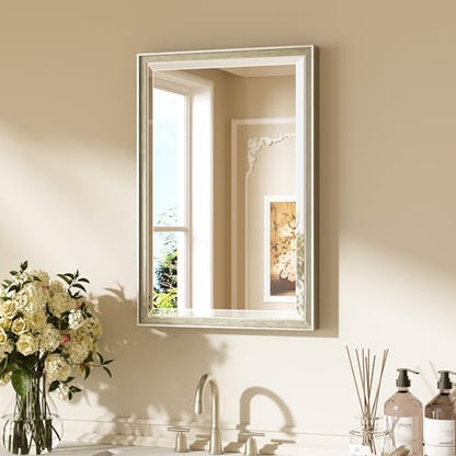 Keonjinn 16" x 24" Brushed Nickel Framed Mirror, Aluminum Alloy, Decorative