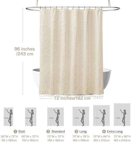 Siiluminisoy Extra Long Cream/Beige Boho Shower Curtain - Woven Fabric Farmhouse 96 Inch, 72 x 96 Tufted Chevron Textured Striped Modern Minimalist Cloth Curtain for Bathroom