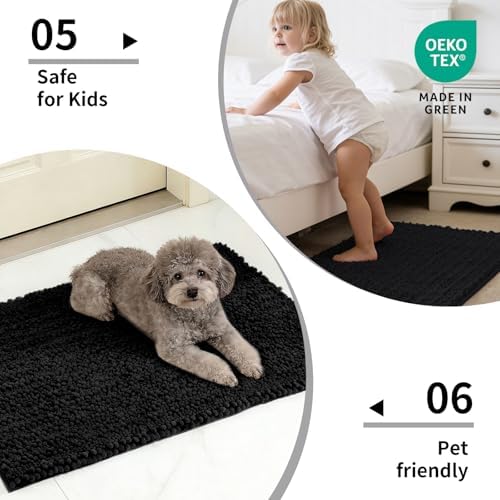 Disolla Black Bathroom Rug 24x44 Inch - Thick Chenille Bath Mat, Large Shaggy Plush Absorbent Rug, Non-Slip Machine Washable Floor Mat for Double Vanity