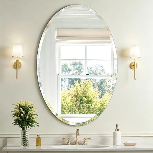 24 x 36 Inch Oval Frameless Bathroom Mirror, Beveled Polished Wall Mirror, Modern Decorative Mirror for Bathroom Vanity Bedroom Entryway