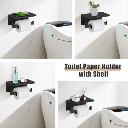 YACVCL 5-Pieces Matte Black Bathroom Hardware Accessories Set 23.6 Inch Towel Bar Set Upgraded Toilet Paper Holder with Shelf Stainless Steel Wall-Mounted Bathroom Hardware Set