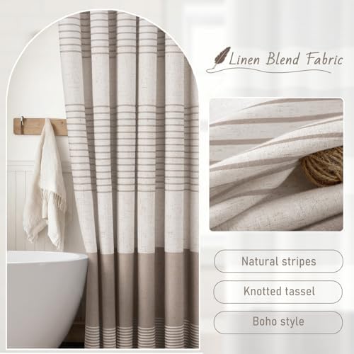Taupe Farmhouse Linen Striped Shower Curtain with Tassel 72"W X 72"L