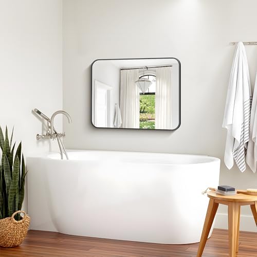 Bathroom Mirror, 30 x 24 inch Metal Framed Black Rectangle Mirror, Rounded Corner Rectangular Vanity Mirror, Wall Mounted Mirror for Modern Bedroom Living Room Hangs Horizontal or Vertical