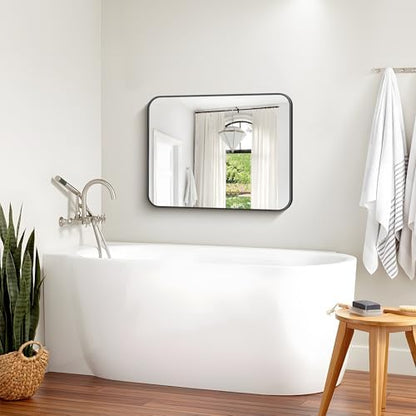 Bathroom Mirror, 30 x 24 inch Metal Framed Black Rectangle Mirror, Rounded Corner Rectangular Vanity Mirror, Wall Mounted Mirror for Modern Bedroom Living Room Hangs Horizontal or Vertical