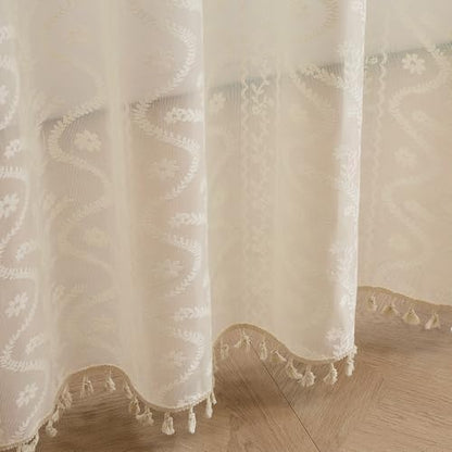 WAZZIO Vintage Lace Shower Curtain for Bathroom 72" W x 84" L, Victorian Farmhouse Floral Pattern Tassel Fancy Shower Curtain Boho Washable Cloth Decorative Bath Curtains,1 Panel