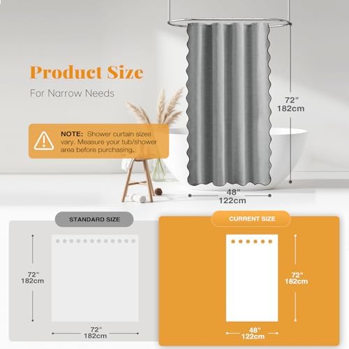 BTTN 48x72 Boho Scalloped Linen Textured Cloth Shower Curtain, Grey/Gray