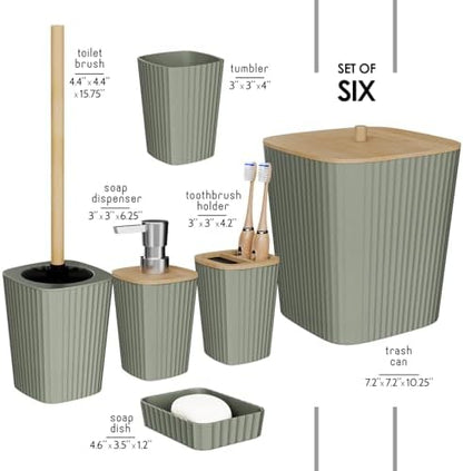 Clara Clark Bathroom Set - Sage Green Bathroom Accessories Set, 6PC Bathroom Accessory Set, Bathroom Sets with Toilet Brush, Trash Can & Soap Dispenser