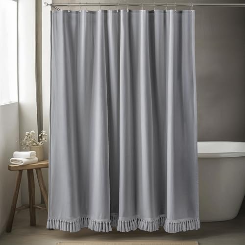 Linen Shower Curtain Boho Grey Shower Curtain with Tassels 72"W x 72"L