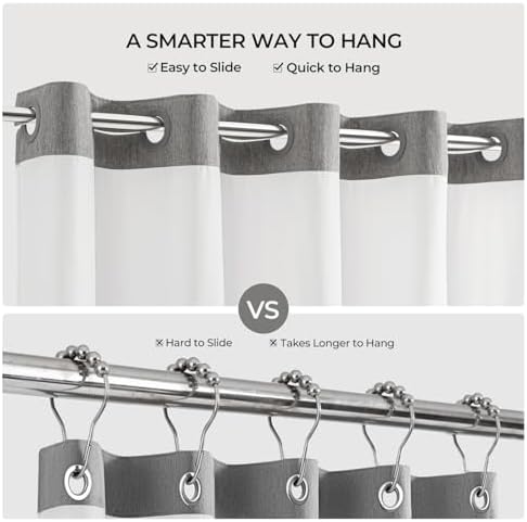 River Dream Linen Textured No Hooks Shower Curtain with Liner,Grey,71x86