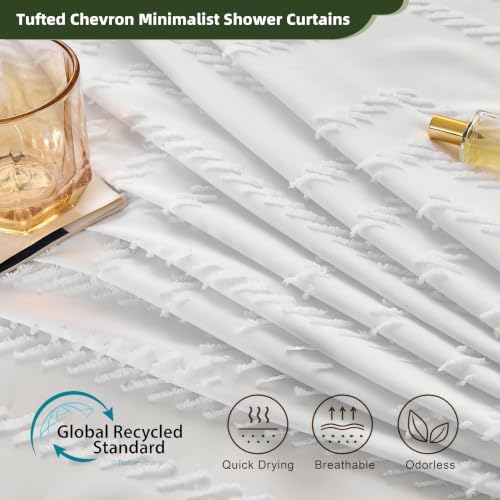 Siiluminisoy White Shower Curtain Fabric Boho Shower Curtain Cloth Textured Tufted Chevron Elegant Shower Curtains Waterproof for Bathroom 72" x 72"