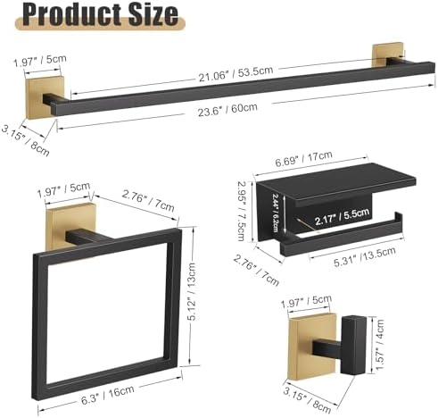 YACVCL 5-Pieces Black and Gold Bathroom Hardware Accessories Set Stainless Steel Bathroom Towel Bar Set Towel Holder Set for Bathroom,Upgraded Toilet Paper Holder with Shelf,Wall Mounted 23.6"