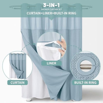 eachope No Hook Waffle Shower Curtain with Snap-in Liner, 71x74 Inch, Teal