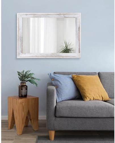 AAZZKANG Mirrors for Wall Rustic Wood Framed Hanging Mirror 26"x18" Decorative for Farmhouse Bedroom Bathroom Living Room Entryway Hallway White