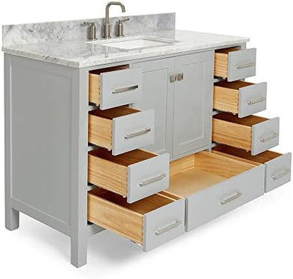 ARIEL Cambridge 48-inch Bathroom Vanity with Sink,Solid Wood, 0.75-inch Italian Carrara Marble Countertop, Single Rectangular Porcelain Sink, 2 Soft Closing Doors, 9 Dovetail Drawers, Grey