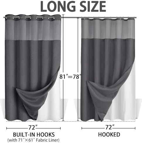 No Hook Shower Curtain with Liner Set Hotel Waffle Dark Grey 72W X 81L