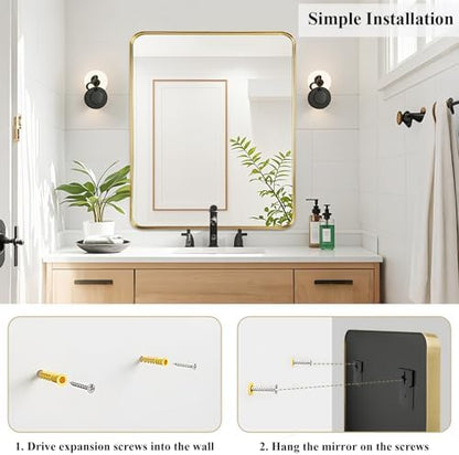 Gold Bathroom Vanity Mirror Over Sink 30x36, Large Wall Rectangle Mirror