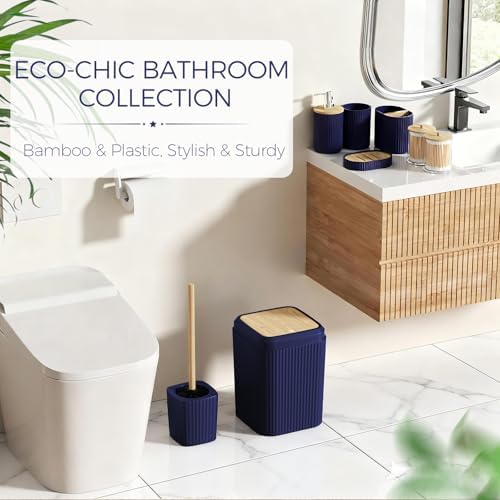 Bathroom Accessories Set - Unbreakable Navy Blue Bathroom Set, Trash Can, Toilet Brush with Holder, Soap Dispenser, Toothbrush and Toothpaste Holder, Tumbler Cup, Soap Dish, Qtip Holder, Bamboo Decor