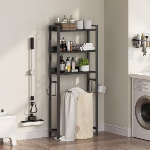 MAHANCRIS Over The Toilet Storage Rack, 3 Tier Bathroom Organizer Over Toilet, Freestanding Space Saver Toilet Stand with 2 Hooks, Bathroom Storage Shelf, Easy to Assemble, Black TSBK6001