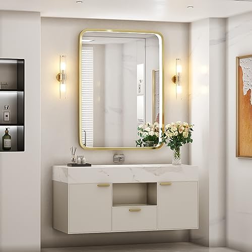 28x36 Inch LED Gold Frame Lighted Bathroom Mirror,3-Color