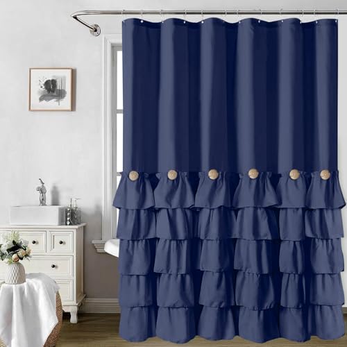 Seasonwood Navy Blue Ruffle Shower Curtain Farmhouse Shower Curtain 72 X 84