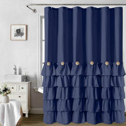Seasonwood Navy Blue Ruffle Shower Curtain Farmhouse Shower Curtain 72 X 84