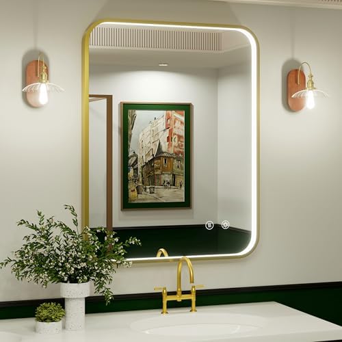 28x36 Inch Gold LED Bathroom Mirror with Lights,3000K/4500K/6000K