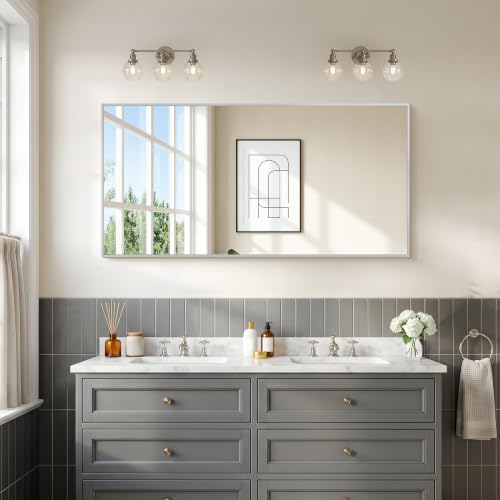 COFENY 48x24In Silver Bathroom Mirror for Wall, Brushed Nickel Rectangle Mirrors with Metal Frame, Bathroom Rectangular Mirror Modern Wall Mirror for Bedroom Living Room, Hangs Horizontal or Vertical