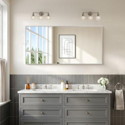COFENY 48x24In Silver Bathroom Mirror for Wall, Brushed Nickel Rectangle Mirrors with Metal Frame, Bathroom Rectangular Mirror Modern Wall Mirror for Bedroom Living Room, Hangs Horizontal or Vertical