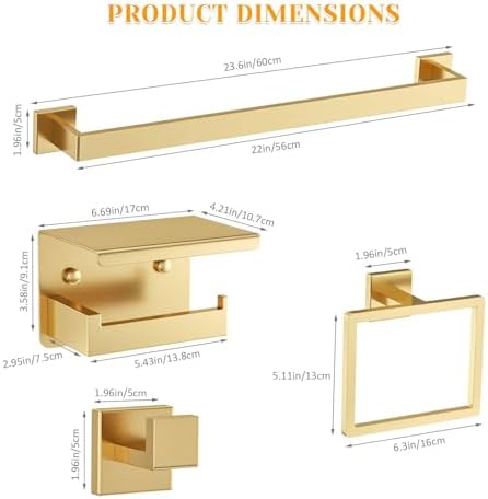 10 Pieces Brushed Gold Towel Bar Set Bathroom Hardware Accessories Set Upgraded Toilet Paper Holder Towel Holder/Racks Set for Bathroom Stainless Steel Wall Mounted 23.6in