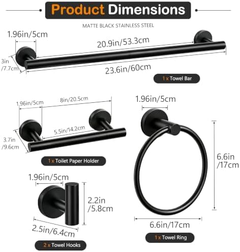 5 Piece Matte Black Bathroom Hardware Accessories Set, 24" Towel Bar Set