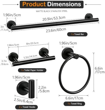 5 Piece Matte Black Bathroom Hardware Accessories Set, 24" Towel Bar Set