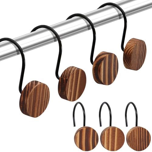 Wood Shower Curtain Hooks Rust Proof, Boho Shower Curtain Hooks Decorative, 12 Pack Shower Hooks for Shower Curtain, Shower Curtain Hangers Hooks (Brown, 12)