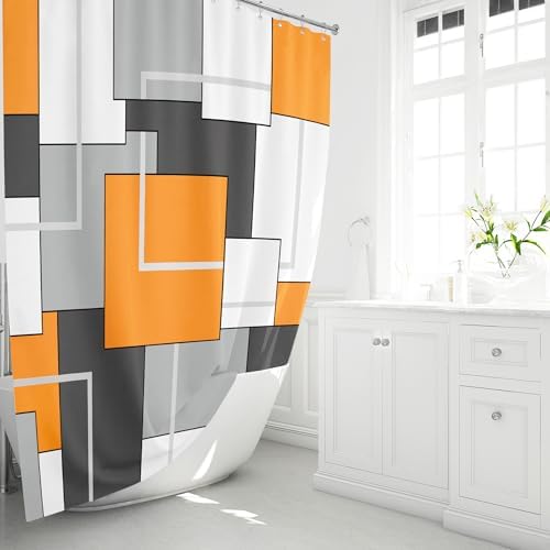 BTTN Orange Modern Geometric Waterproof Fabric Shower Curtain Set, 72 x 72