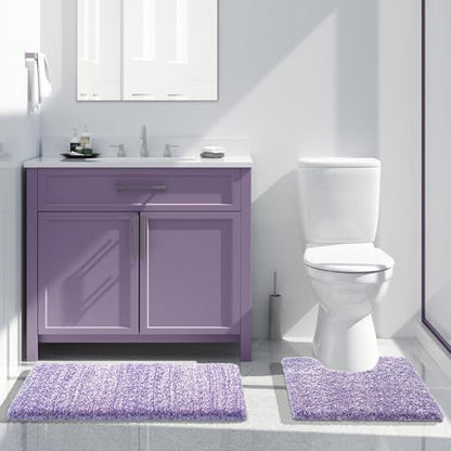 Yimobra Toilet Rugs U Shaped Washable 24X20, Ultra Soft and Water Absorbent Bath Mats, Non Slip Fluffy Shaggy Luxury Microfiber Contour Bath Rugs for Toilet, Dry Quick, Purple and White