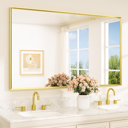 TETOTE Brushed Gold Mirror Beveled Frame 60" x 36" Large Brass Gold Rectangle Bathroom Vanity Wall Mirror for Over Sink, Modern Farmhouse, Tempered Glass, Shatterproof, Stronger Frame