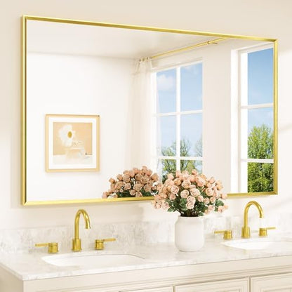 TETOTE Brushed Gold Mirror Beveled Frame 60" x 36" Large Brass Gold Rectangle Bathroom Vanity Wall Mirror for Over Sink, Modern Farmhouse, Tempered Glass, Shatterproof, Stronger Frame
